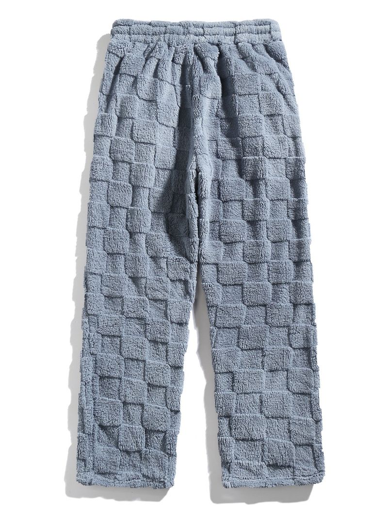 Roupas masculinas outono e inverno novas calças justas de gola redonda manga comprida xadrez pele personalidade terno de duas peças casual masculino_voghion.com
