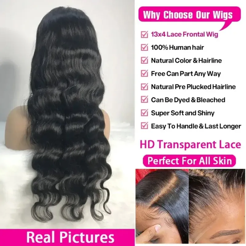 HD Transparent 13x4 Lace Front Ægte Hår Parykker Til Kvinder Brasiliansk Kropsbølge Frontal Præplukket_voghion.com