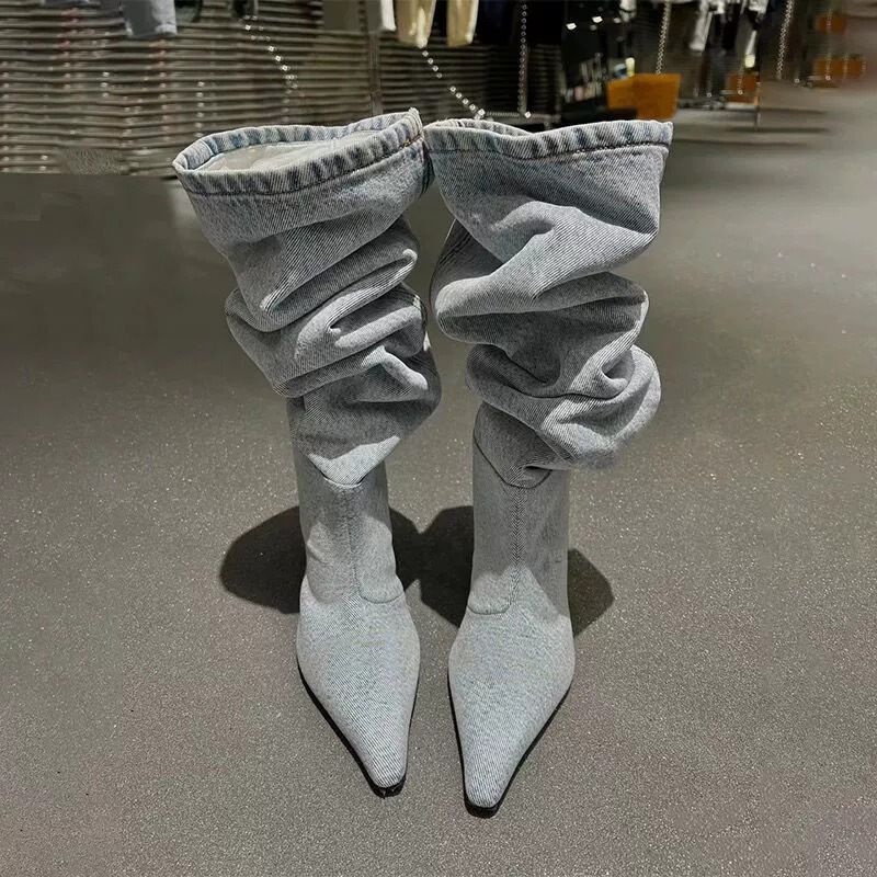 Stivali alti sopra il ginocchio con tacco a spillo in denim da donna, stile AW, stile autunno inverno_voghion.com