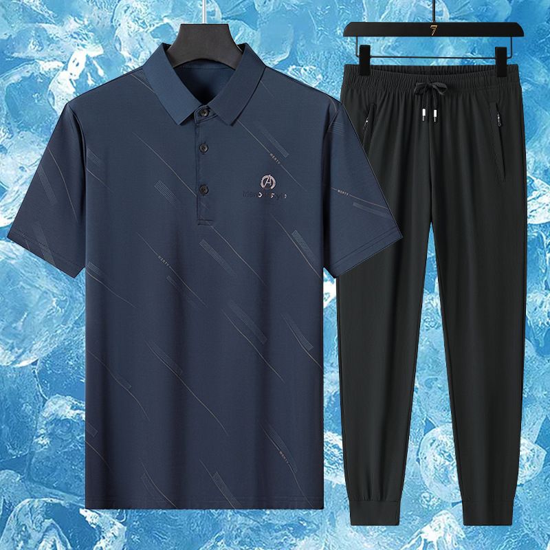 CT Hochwertiges Dad Ice Silk Set Kurzarm-T-Shirt mittleren Alters für ältere Herren, Freizeitkleidung für den Sommer_voghion.com
