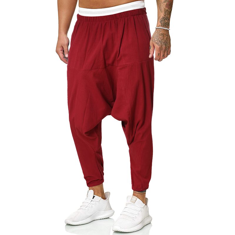 Man's Spring and Autumn fFashion Cotton and Linen Loose Cross-gear Pants Solid Color Beamed Feet Nine-point Pants_voghion.com