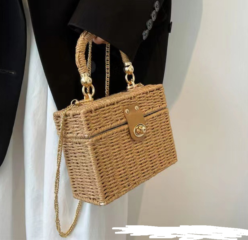 Borsa da donna in corda di paglia a tracolla in paglia, borsa in tessuto, borsa in paglia quadrata tenuta a mano, borsa da spiaggia per le vacanze, in rattan tutto-fiammifero_voghion.com