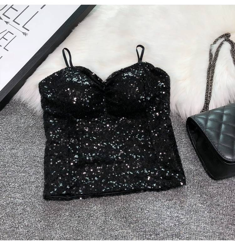 Abbigliamento da donna Cintura sexy Reggiseno imbottito Capispalla Bretelle Paillettes Intimo Corto Top da night club_voghion.com