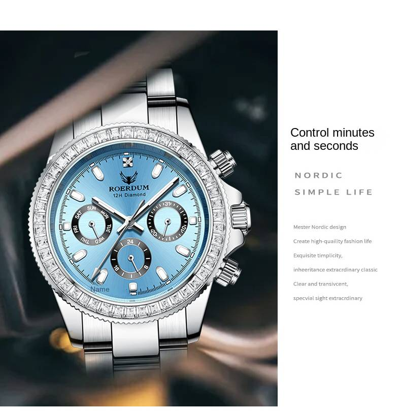 ROERDUM Blue Heart Ice Series - Mechanische Tri-Chronographenuhr für Herren - Edelstahlarmband, eisblaues Zifferblatt, wasserdicht, luxuriöser minimalistischer Stil_voghion.com
