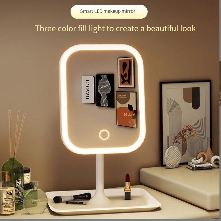 Espelho de maquiagem LED com luz de mesa, rede para celebridades, feminino, luz de preenchimento, espelho pequeno, estilo dormitório, mesa, portátil, pequeno, espelho de vestir_voghion.com
