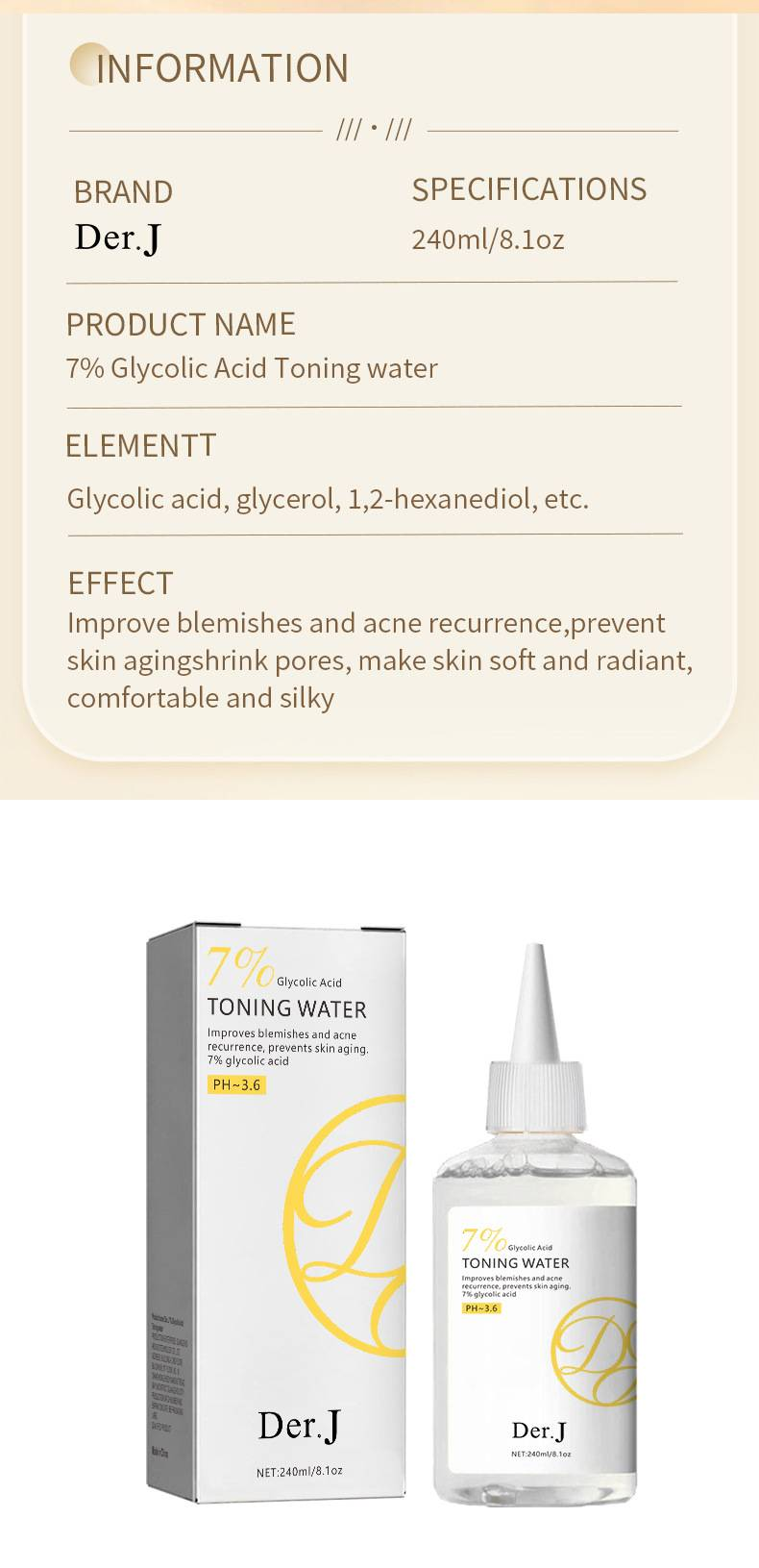 Der.J 7% Glycolic Acid Toner 240ml - Facial Hydration, Acne Treatment, Closed - Comedo Reduction & Pore Refining Essence Water_voghion.com