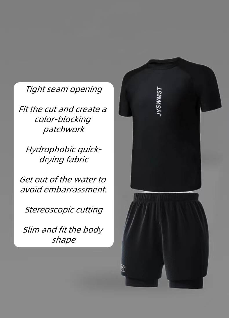 Swimsuit For Men, Teenage Adult, Large-sized Double-layer Swimming Trunks, Short-sleeved Top, Men's Training Suit, Swimsuit_voghion.com