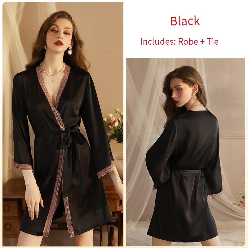 Pyjama en soie glacée pour femme, peignoir à manches longues, en dentelle de soie, vêtements de maison_voghion.com