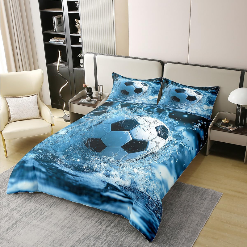 Fußball-Bettbezug, Doppelbett-Bettwäscheset für Kinder, Jungen und Männer, Tor, Gaming, Wasserspritzer, Schwarz, Blau, Weiß, Bettbezug, weiche, bequeme Bettwäsche_voghion.com