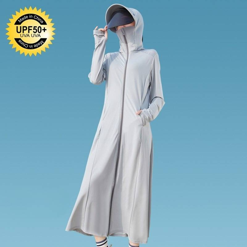 Jaqueta feminina de manga comprida com proteção solar - FPS 50+, comprimento de 120 cm, com tecido de seda gelada (92% viscose + 8% elastano), leve e respirável_voghion.com