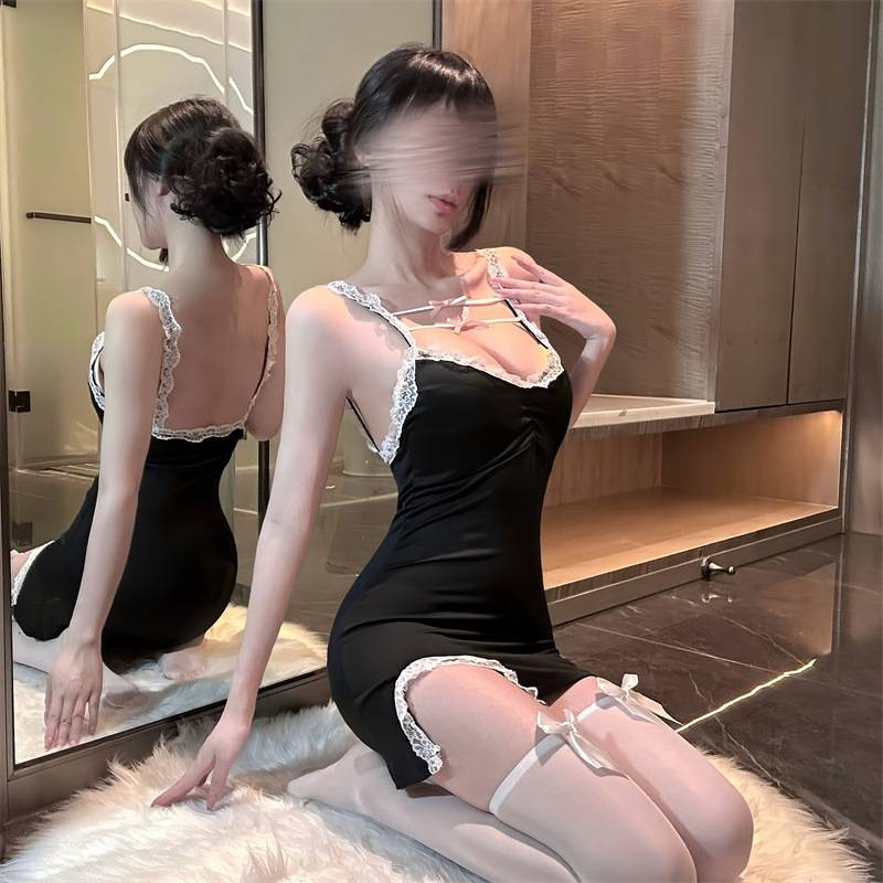 Women's Sleepwears New Deep V Suspender Pajamas Home Clothes Women's Suit Straps Slit Lace Chest Pad Tight Hip Nightdress_voghion.com