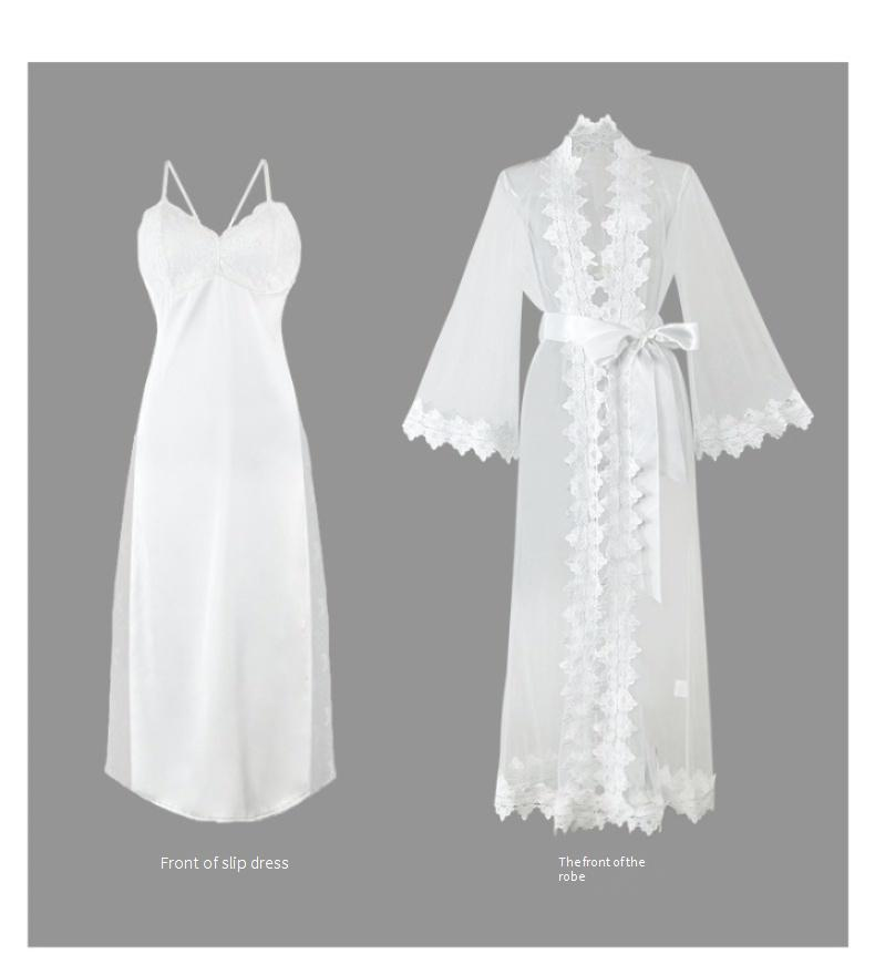 Elegantes Nachthemd- und Morgenmantel-Set mit Spitzenbesatz – Langes Kleid aus transparentem Netzstoff mit passendem Überwurf (S/M/L, Weiß, leichtes Polyester, verstellbare Träger)_voghion.com
