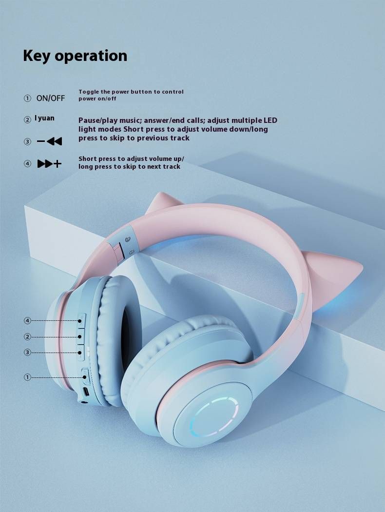 Casque de jeu sans fil à LED avec microphone, casque Bluetooth à dégradé de couleurs, oreilles lumineuses, haut-parleurs de 40 mm_voghion.com
