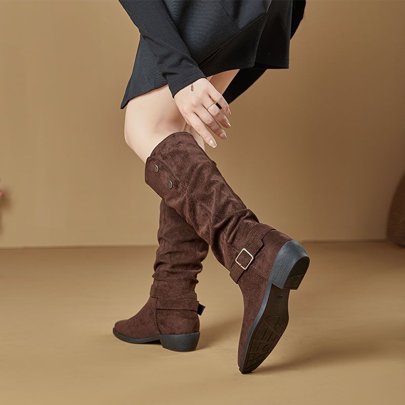 Autumn And Winter Hot Long Boots For Women, Frosted Suede Pile Boots, Thick Heel, Square Toe, Straight Legs, Retro Pile Boots_voghion.com