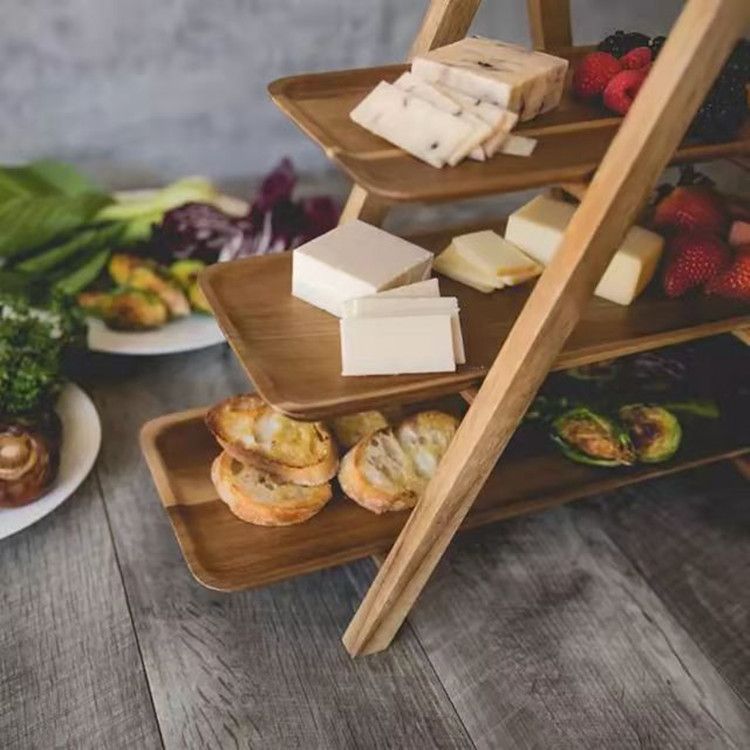 Bandeja plegable de 3 niveles para servir alimentos, hecha de madera de paulownia y acacia, con espacio de almacenamiento._voghion.com