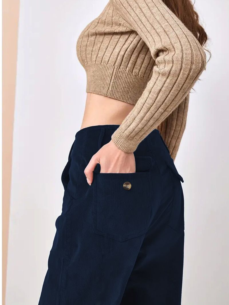 Women's High-waisted Straight Leg Pants - Stretch Corduroy Trousers For Casual & Office Wear, Slim Fit With Flowy Drape (Black, Yellow, Coffee, Blue)_voghion.com