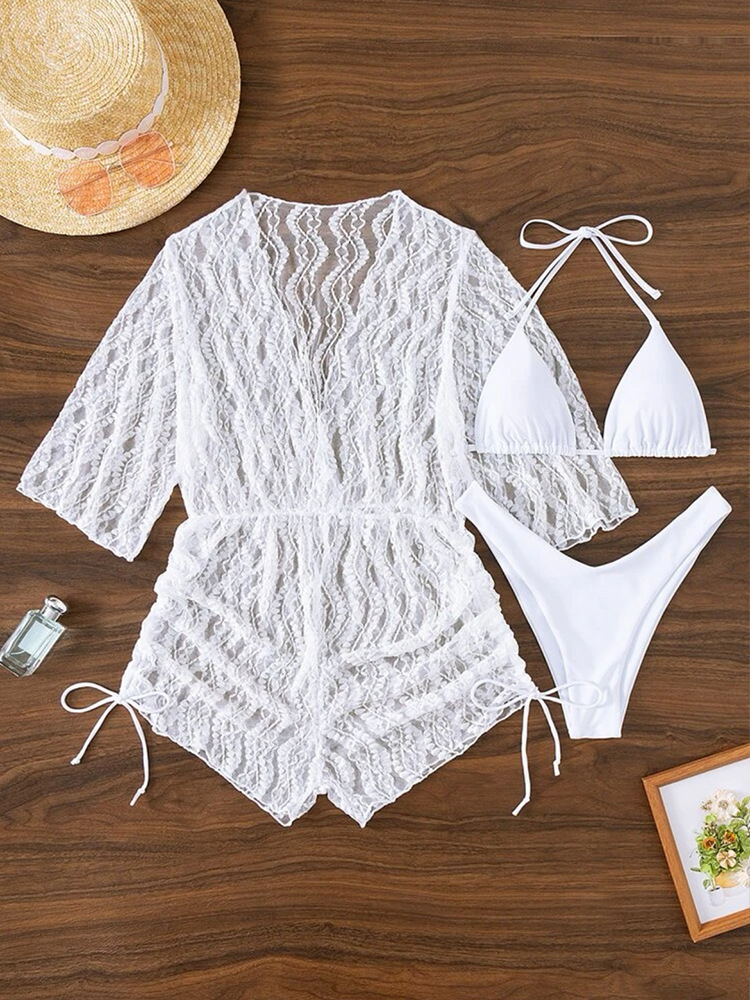 Langermet mesh korsett badedrakt dame høy midje snøring solkrem cover-up tredelt bikini_voghion.com