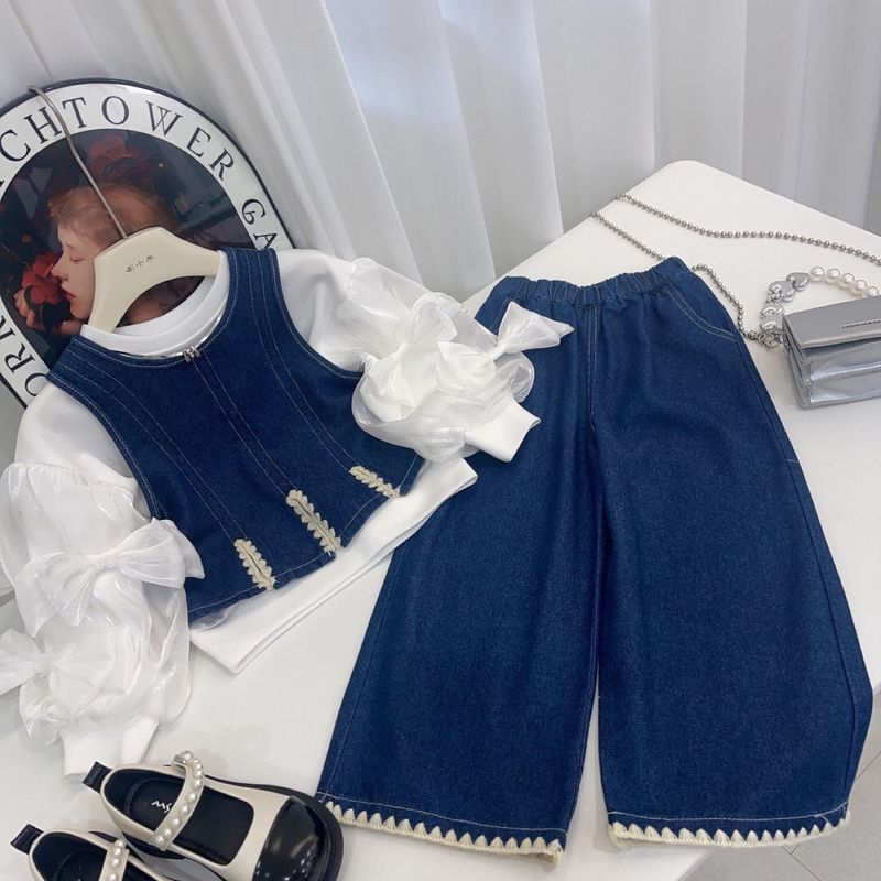 Mädchen Denim Anzug Herbst Neue Kinder T-Shirt Weste Weite Beinhose Dreiteiliger Anzug Weibliches Baby Koreanische Herbstkleidung_voghion.com