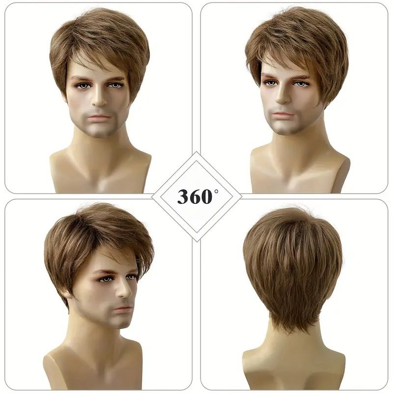 Perruque courte brune avec raie latérale pour homme Kairuisi – Postiche synthétique résistant à la chaleur, pour un usage quotidien et le cosplay, aspect naturel, coupe confortable (M2343-1-8/15#)_voghion.com