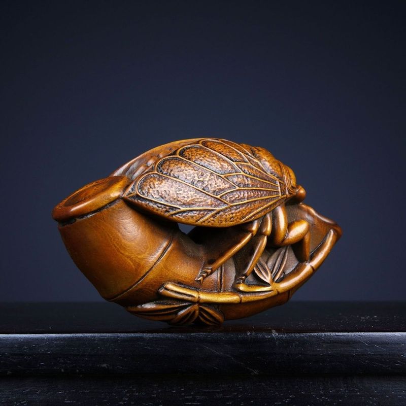Antique Style Bonsai Wood Carving Handheld Piece Cicada Shines With Fame Craft Length 8cm Width 3cm Height 5cm_voghion.com