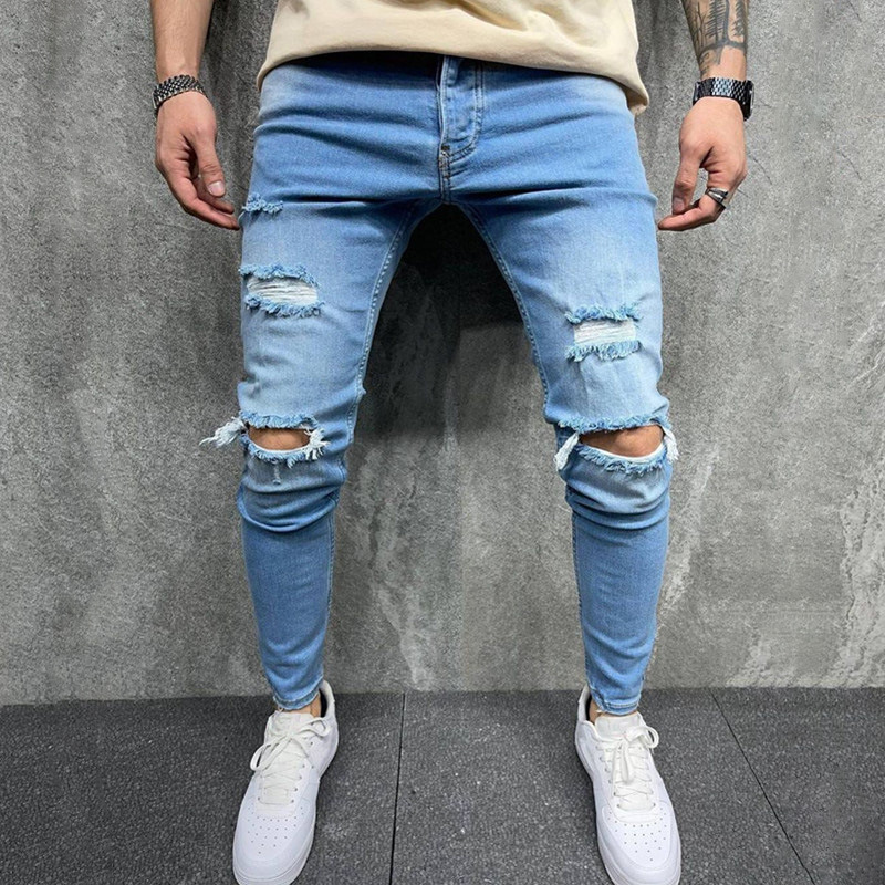 New Style Jeans Stretch Light Color Hole Slimming Men's Denim Trousers_voghion.com