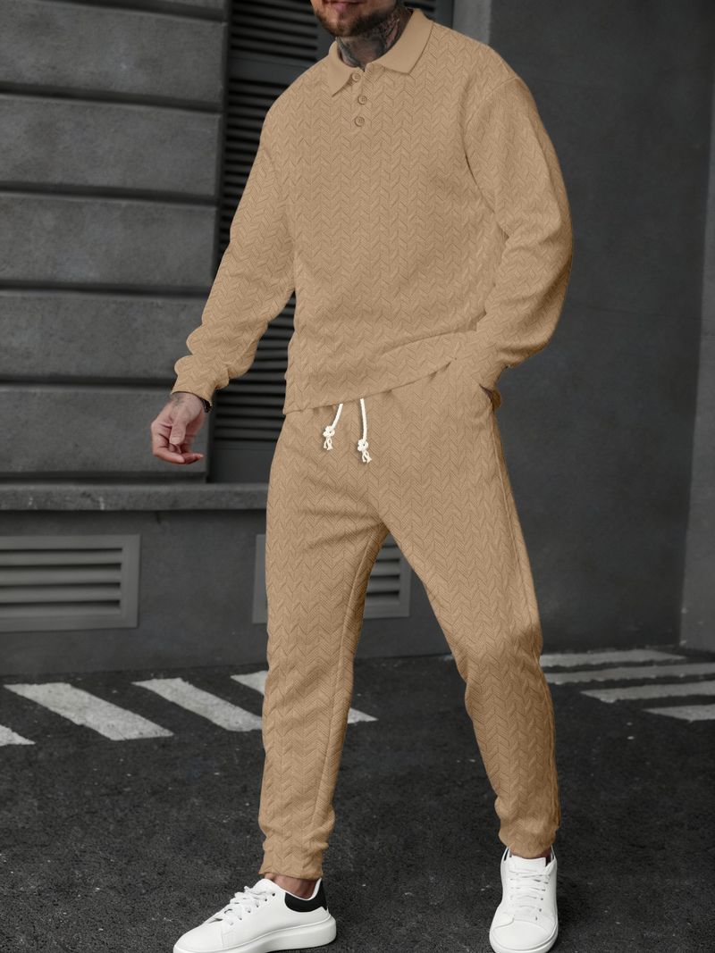 Completo polo e pantaloni a righe color grano da uomo – Completo sportivo a maniche lunghe per look casual e sportivi_voghion.com