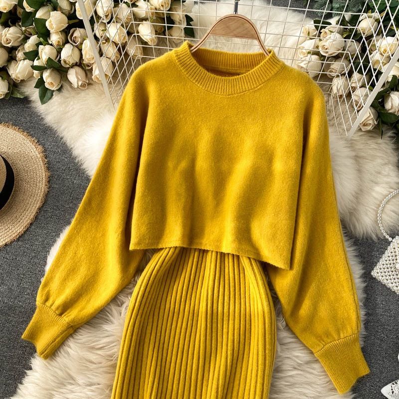 Ensemble robe en tricot à manches chauve-souris surdimensionnées – Pull décontracté à manches longues et robe midi (taille unique) – Mélange doux d'acrylique et de nylon_voghion.com