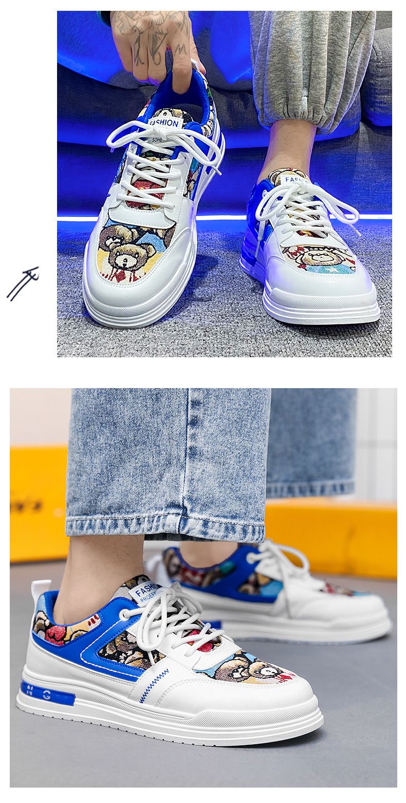 Neue Ledergesichtsfarbe für Herren mit Cartoon-Teddybär, Nischenbrett, College-Stil, lässiger Low-Top-Sport, trendig_voghion.com