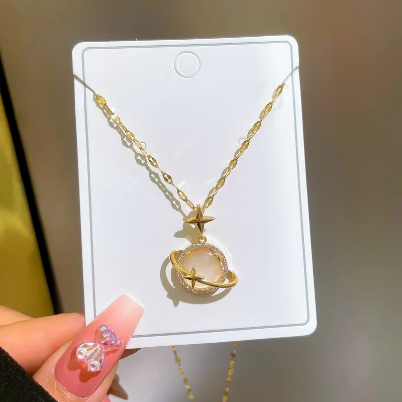 Stainless Steel Gold Color Opal Planet Star Pendant Necklace For Women Girl Elegant Jewelry Party Gift Wholesale_voghion.com