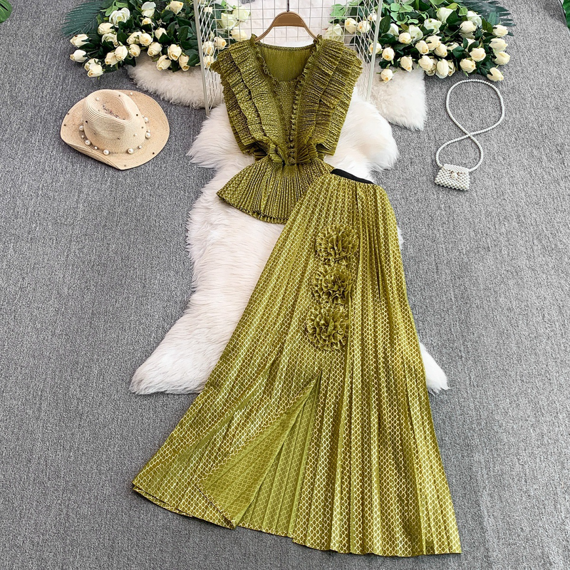 Ensemble élégant pour femme, haut sans manches à col en V et jupe fendue taille haute_voghion.com