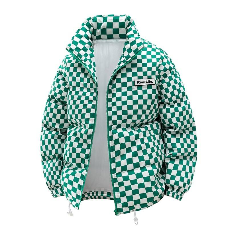 Unisex Winter Padded Coat With Stand Collar - Loose Fit Plaid Jacket For Men & Women (Green/Black)_voghion.com