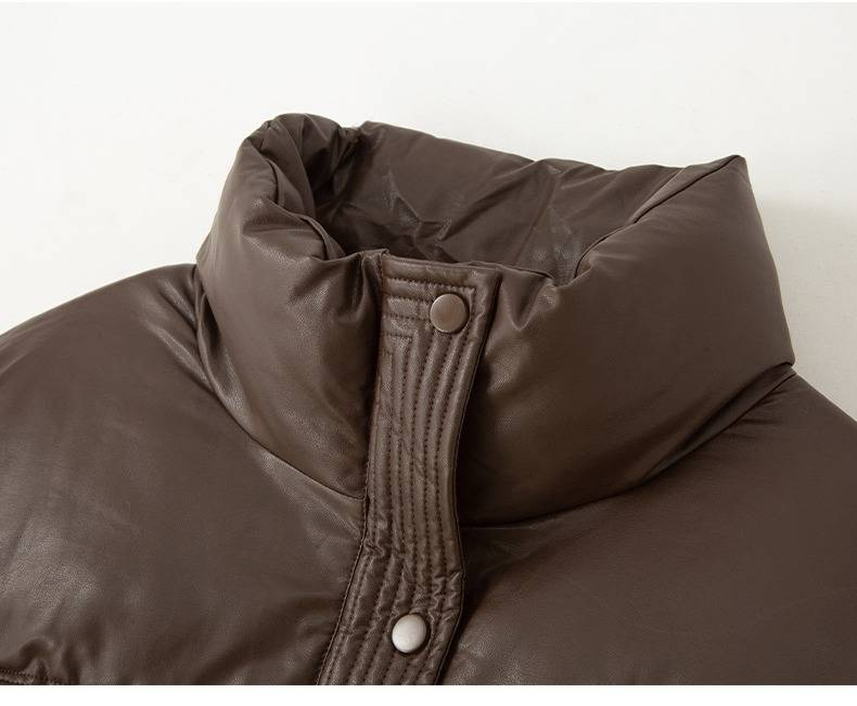 Damen-Pufferjacke aus PU-Leder mit gestepptem Design, kurzer Wintermantel, leichte, warme Oberbekleidung für Streetwear-Mode_voghion.com