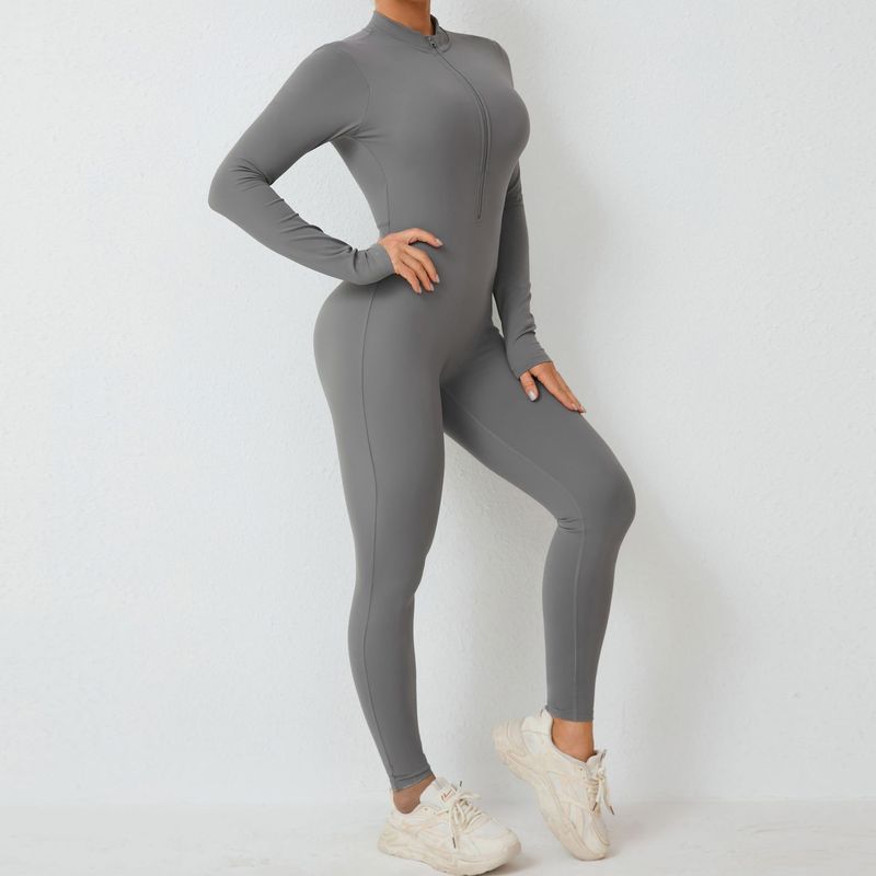 Coussin de poitrine amovible à demi-zip, combinaison de yoga à manches longues, combinaison de fitness et de sport à haute résistance_voghion.com