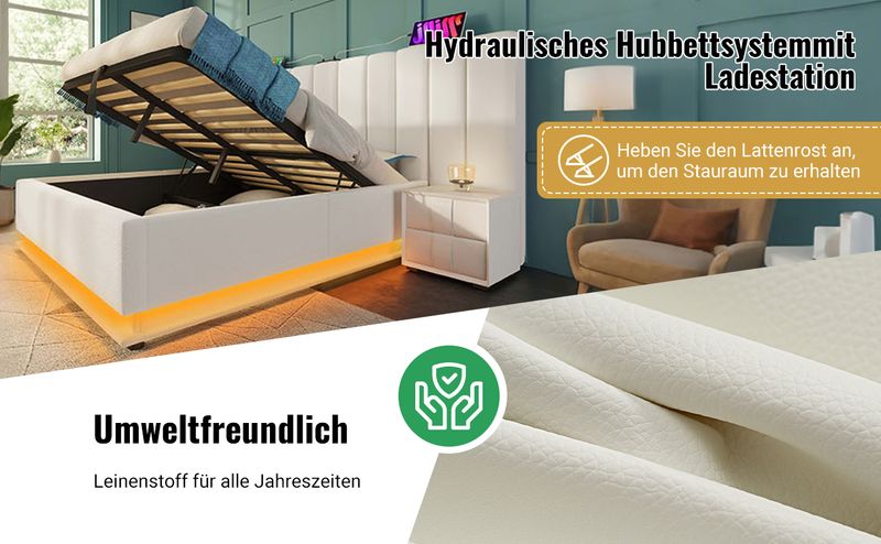 Lit double 160 x 200 cm avec rangement intégré, éclairage LED et recharge USB-C via application, sommier à lattes et matelas inclus, similicuir, blanc_voghion.com