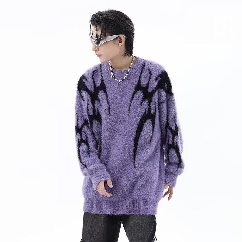 Autumn And Winter High Street Retro Jacquard Design Round Neck Sweater Men's Loose Pullover Knitted Sweater_voghion.com