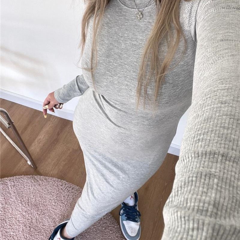 Plus Size 150kg Mins Style Spicy Girl Simple Versatile Tight-Fitting Body-Shaping Long Sleeve Bodycon Dress Autumn_voghion.com