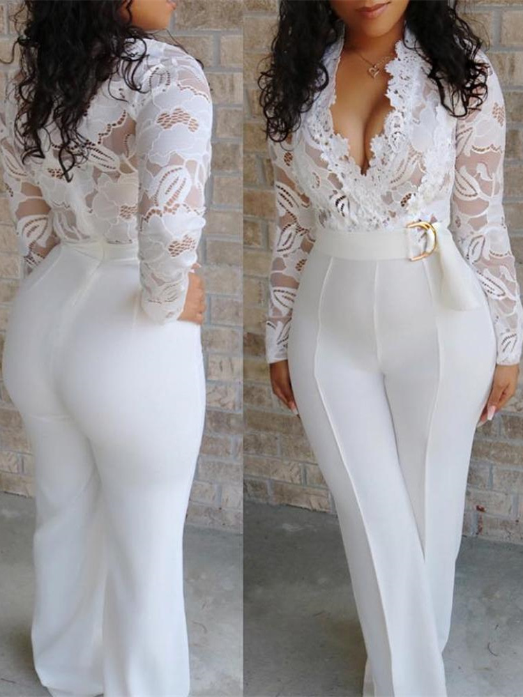 Women's sexy deep v white see-through lace splicing jumpsuit _voghion.com