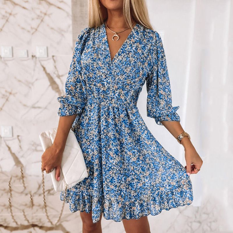 Damenbekleidung Mittellanges Kleid mit Taillenpullover, böhmisches, bedrucktes, kurzärmliges, fragmentiertes Blumenkleid_voghion.com