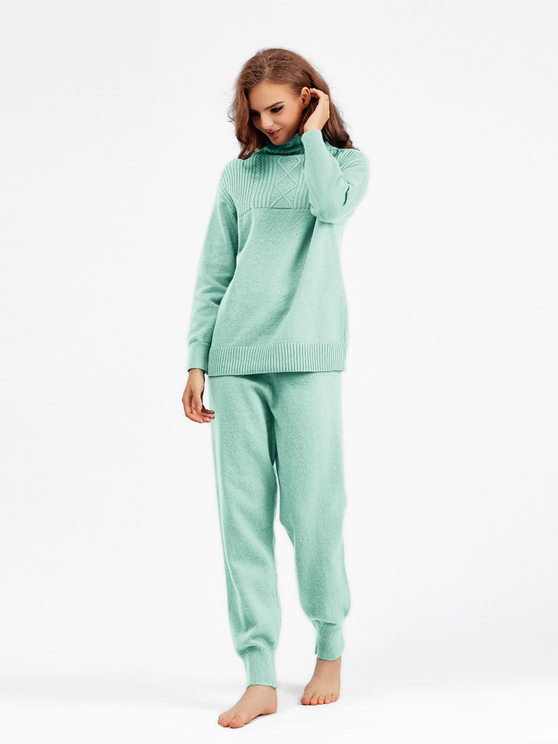 Ensemble de pantalons tricotés doux et polyvalents pour femmes, col mi-haut, pull ample décontracté, vent doux_voghion.com