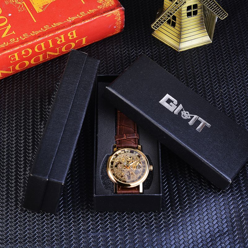 Winner, orologio da uomo con cassa dorata trasparente, design casual, cinturino in pelle marrone, orologio meccanico di lusso_voghion.com