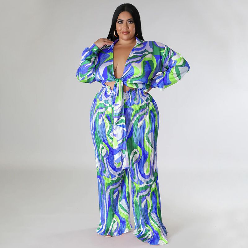 Costume deux pièces en dentelle V profond pour femmes, nouvelle couleur imprimée, pantalon plissé à manches longues, automne et hiver_voghion.com