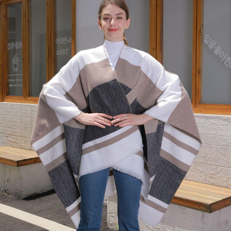 Uusi tuote, eurooppalainen ja amerikkalainen tupsuhihnahuivi, yksinkertainen pidennetty jacquard lämmin viitta_voghion.com