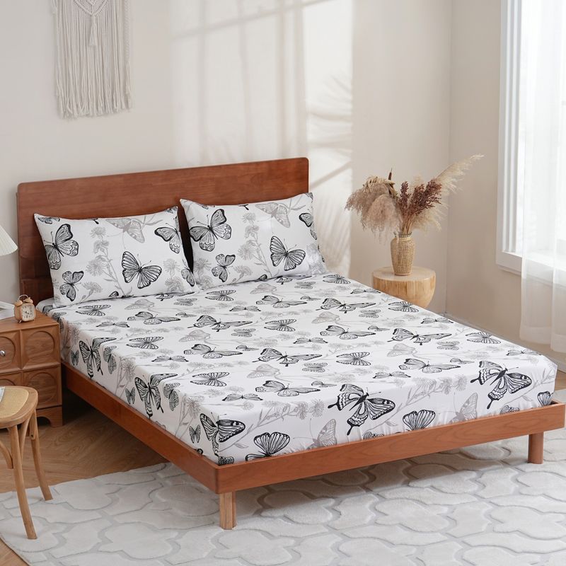 Black & White Floral Butterfly 3D Printed Fitted Sheet - Polyester Bed Cover With Breathable & Wrinkle-Resistant Design_voghion.com
