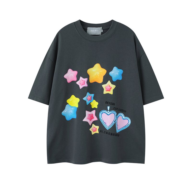 T-Shirt im amerikanischen Stil mit sternförmigem Herz-Print und Rundhalsausschnitt, kurzärmelig, für den Sommer, locker, lässig, vielseitig, für Paare_voghion.com