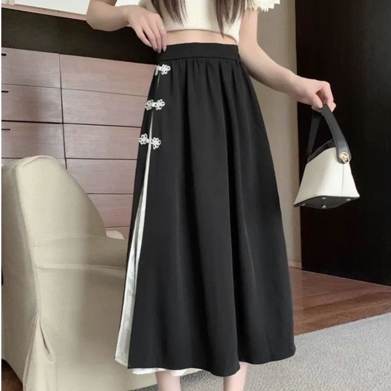 Bohemian Knit Set - Vintage-Inspired Crochet Sweater & A-Line Skirt With Chinese Knot Buttons (Soft Cotton, Loose Fit, Multiple Colors)_voghion.com