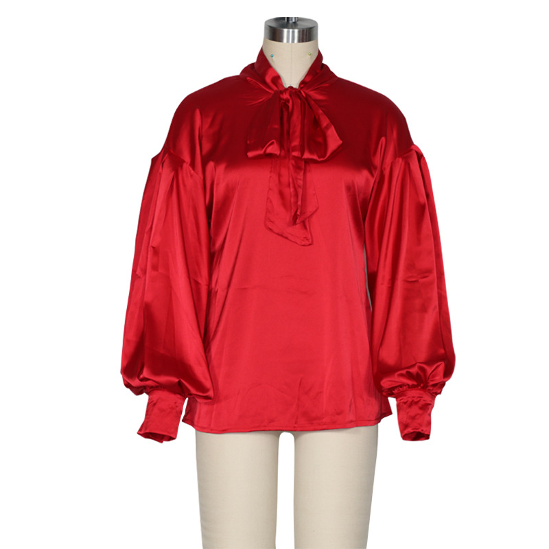 Women's Casual Shirt With Christmas Satin Tie Top In Solid Color_voghion.com