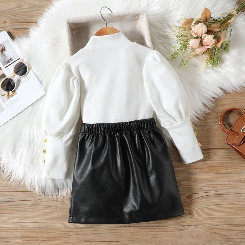 Kinderkleidung Rollkragenpullover Blase Ärmel Langarm Top Mode Knopf PU Lederrock Zweiteiliger Mädchenanzug_voghion.com