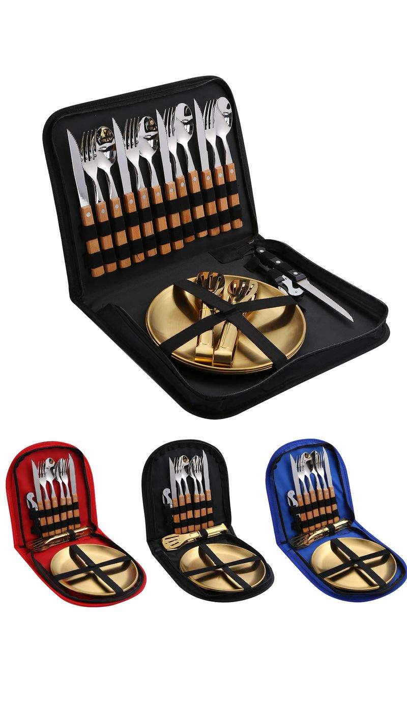 Edelstahl-Besteckset für den Außenbereich, tragbar, Western-Messer, Gabel und Löffel, Bestecktasche mit Holzgriff_voghion.com