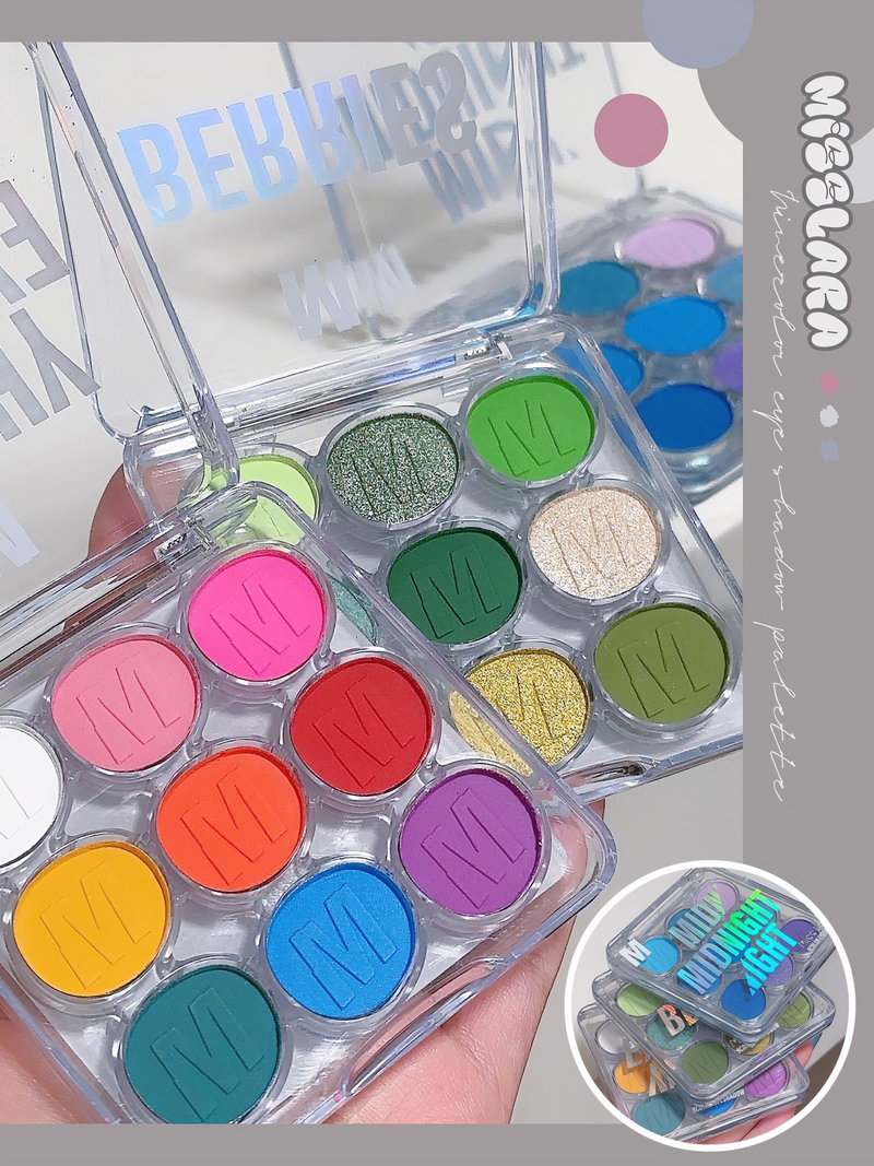 Neunfarbiger Lidschatten-Tablett. Feiner Pearl-Flash-Blau-Grün-Lila-Bühnen-Make-up-Lidschatten_voghion.com