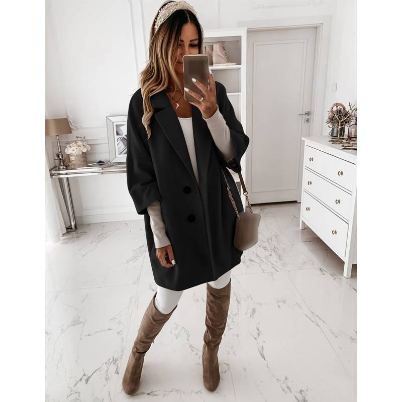 Women's fashion three-quarter sleeve button-down lapel pocket woolen coat_voghion.com